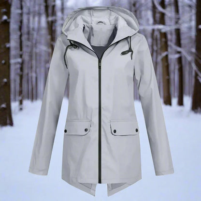 Women's waterproof hooded rain jacket zip-up longline – Gray