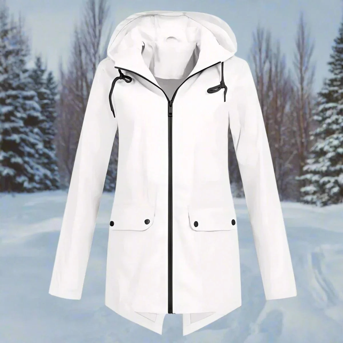 Women's waterproof hooded rain jacket zip-up longline – White