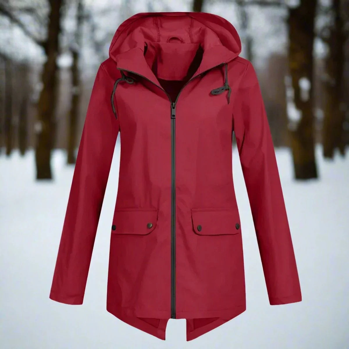 Women's waterproof hooded rain jacket zip-up longline – Wine Red