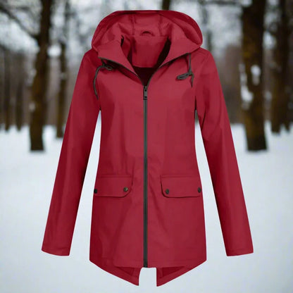 Women's waterproof hooded rain jacket zip-up longline – Wine Red