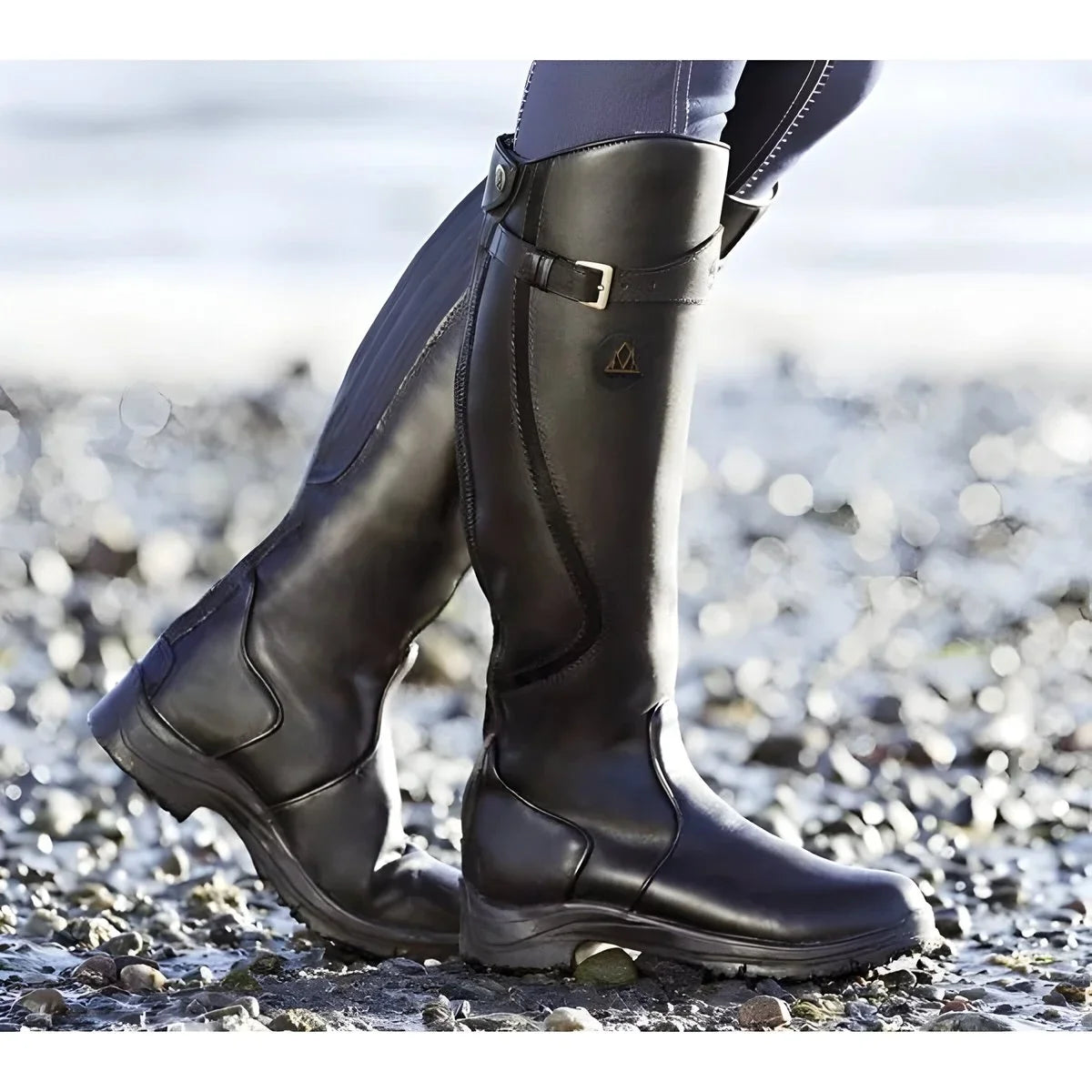 Women's waterproof leather knee high boots buckle strap riding – Black