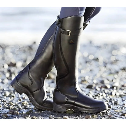 Women's waterproof leather knee high boots buckle strap riding – Black