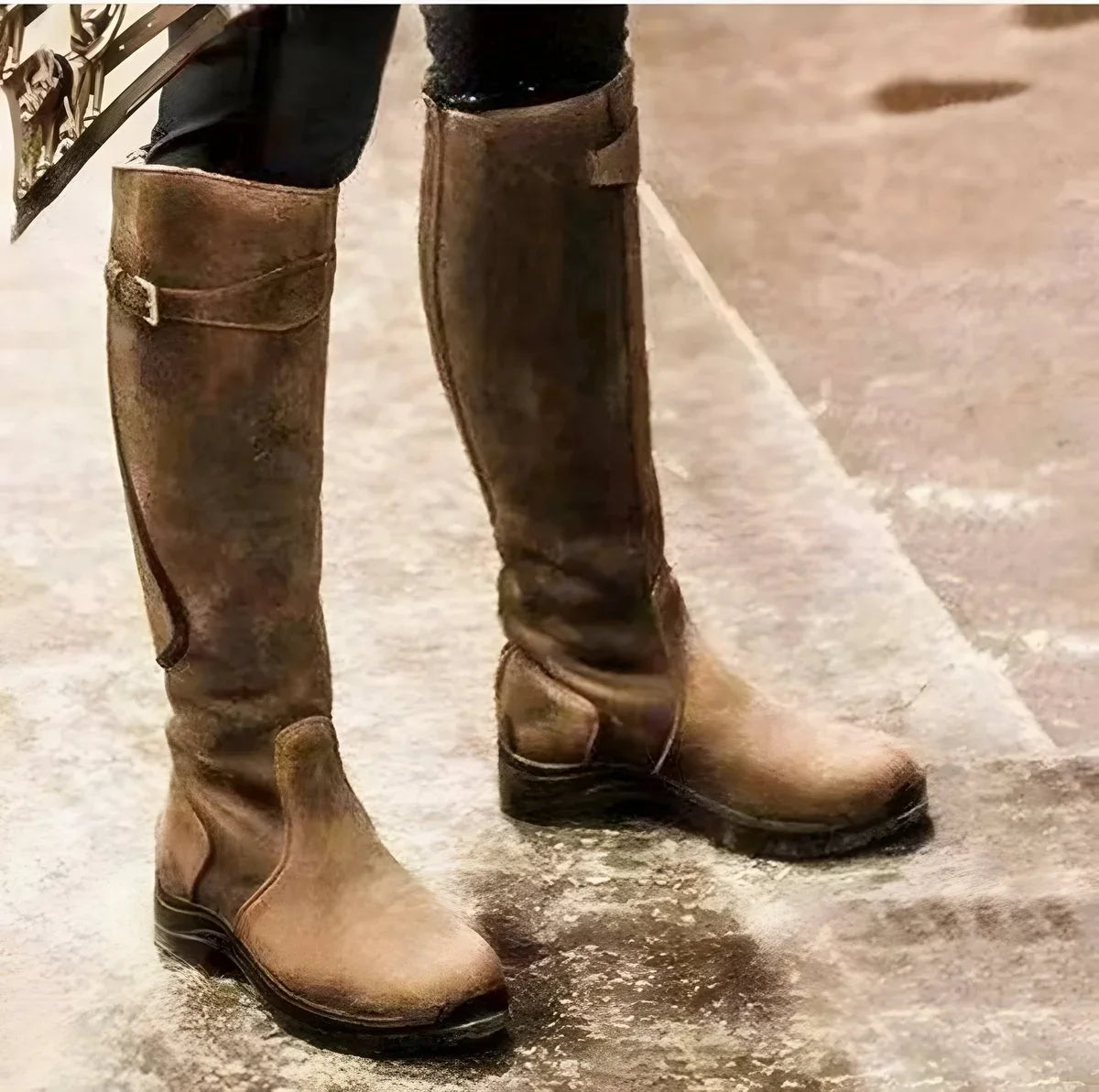Women's waterproof leather knee high boots buckle strap riding – Brown