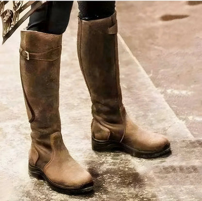 Women's waterproof leather knee high boots buckle strap riding – Brown