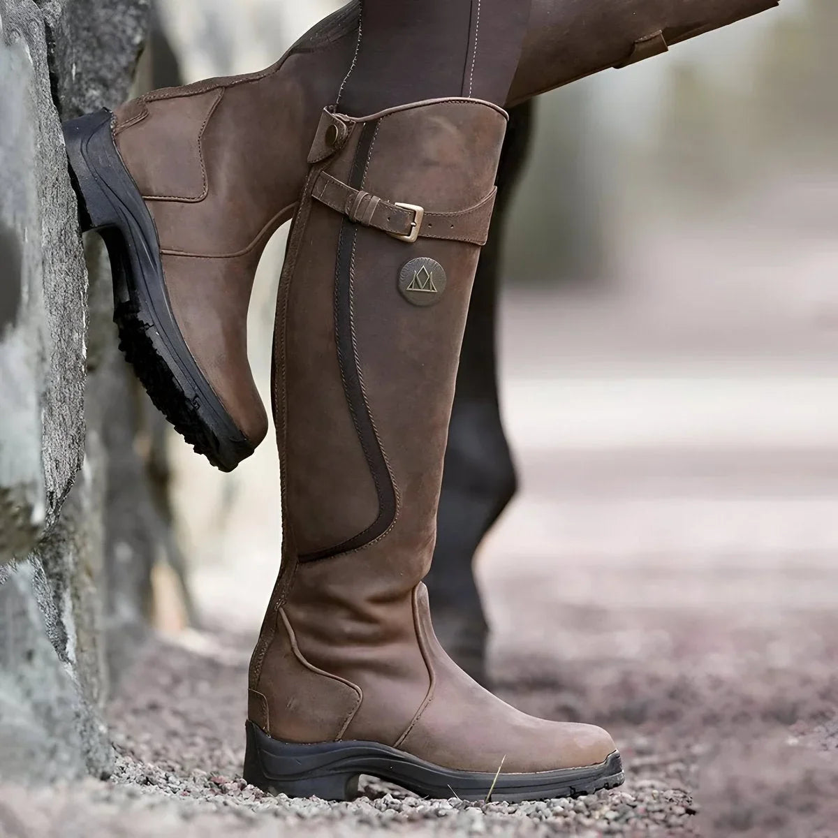Women's waterproof leather knee high boots buckle strap riding – Dark Brown