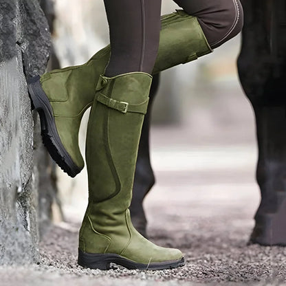 Women's waterproof leather knee high boots buckle strap riding – Green