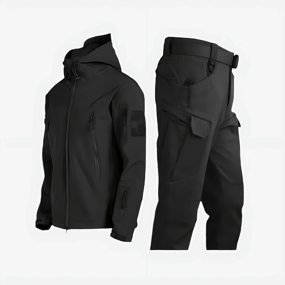 Women's waterproof outdoor tactical set with hooded jacket and cargo trousers – Black