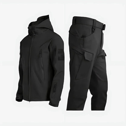 Women's waterproof outdoor tactical set with hooded jacket and cargo trousers – Black