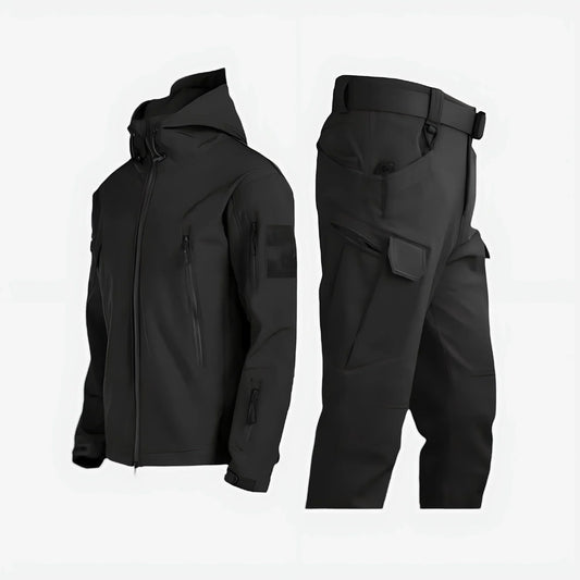 Women's waterproof outdoor tactical set with hooded jacket and cargo trousers – Black