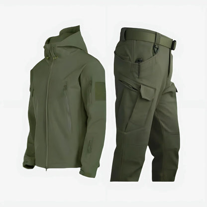 Women's waterproof outdoor tactical set with hooded jacket and cargo trousers – Green