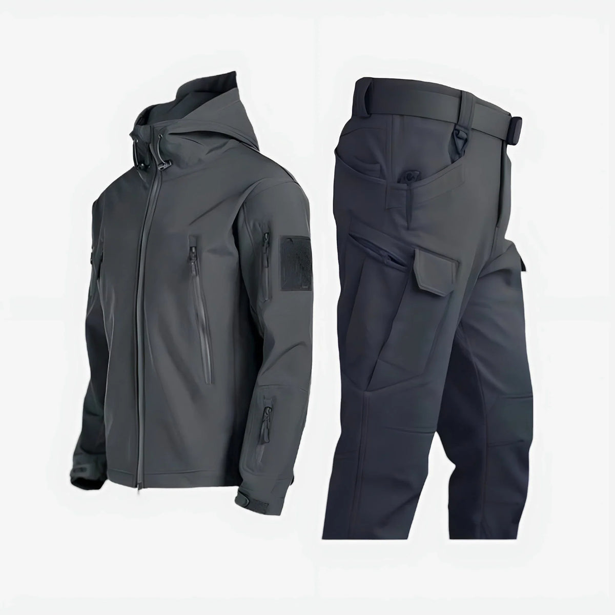 Women's waterproof outdoor tactical set with hooded jacket and cargo trousers – Grey