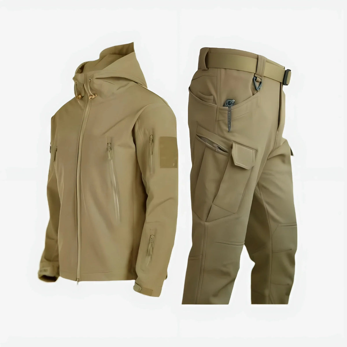 Women's waterproof outdoor tactical set with hooded jacket and cargo trousers – Khaki