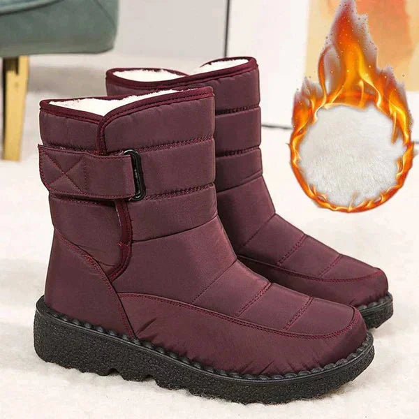 Women's waterproof quilted mid-calf winter boots with velcro strap closure