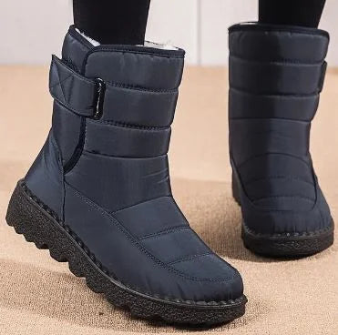 Women's waterproof quilted mid-calf winter boots with velcro strap closure