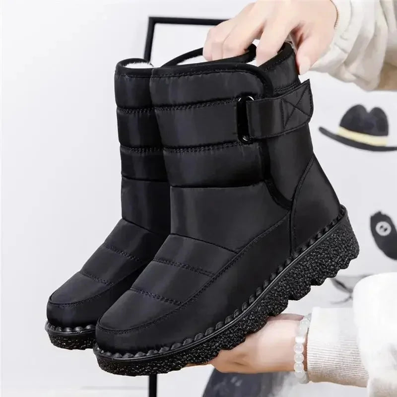 Women's waterproof quilted mid-calf winter boots with velcro strap closure – Black