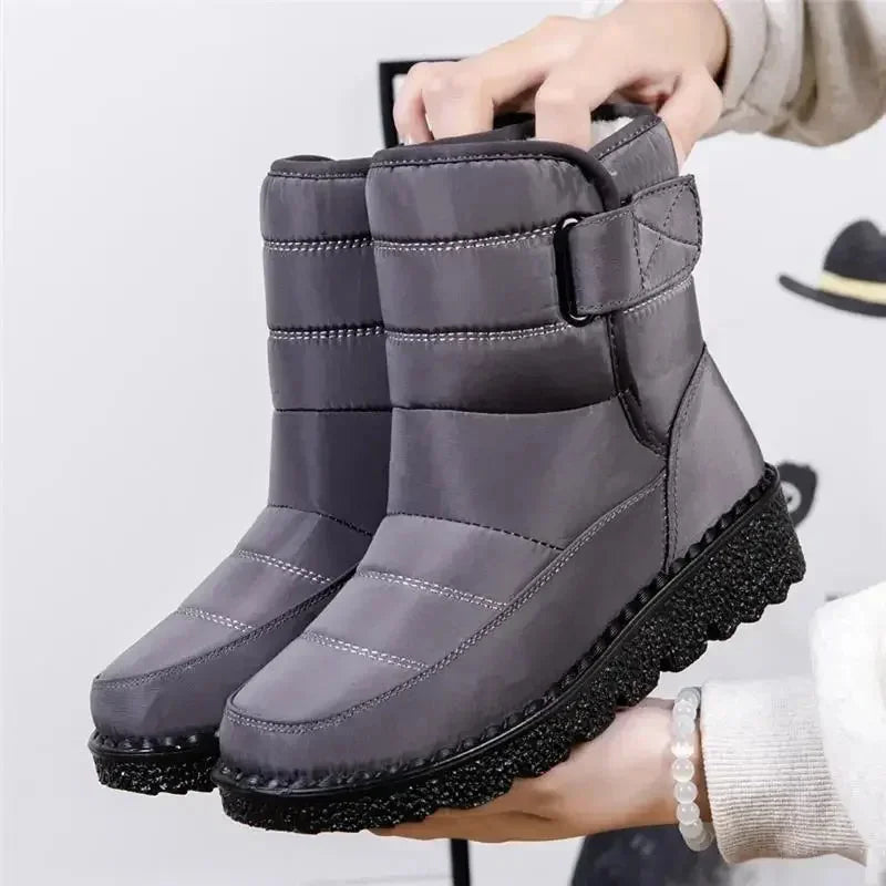 Women's waterproof quilted mid-calf winter boots with velcro strap closure – Grey