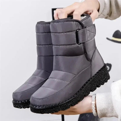 Women's waterproof quilted mid-calf winter boots with velcro strap closure – Grey