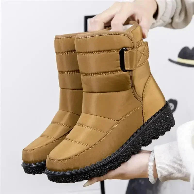Women's waterproof quilted mid-calf winter boots with velcro strap closure – Khaki