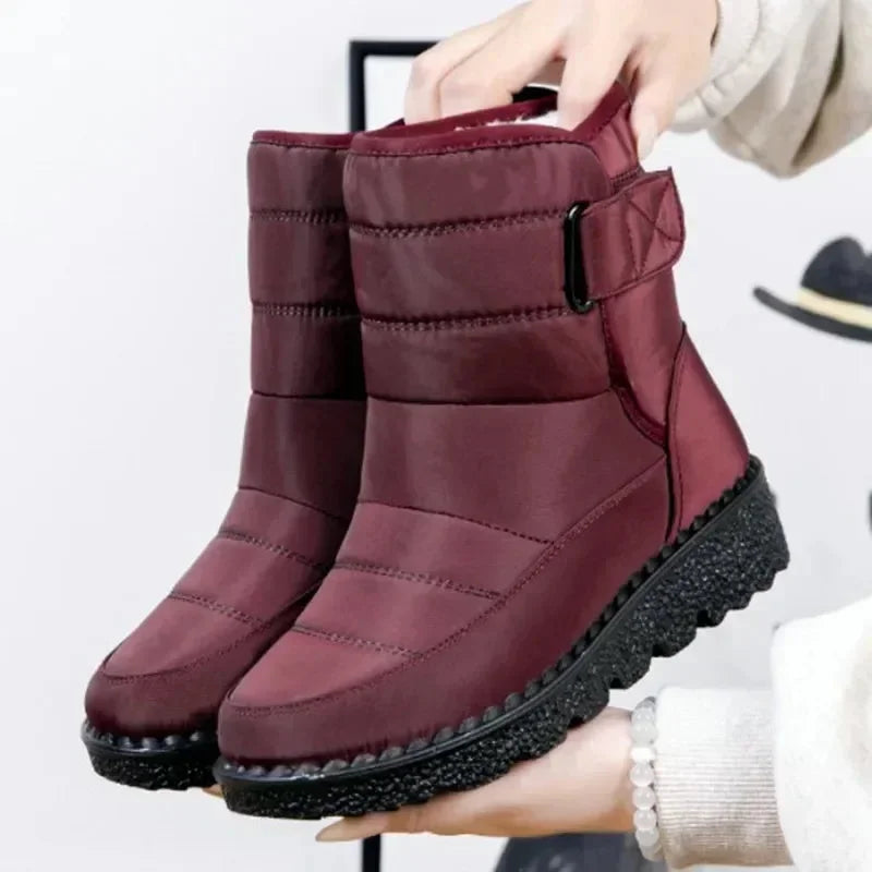 Women's waterproof quilted mid-calf winter boots with velcro strap closure – Red