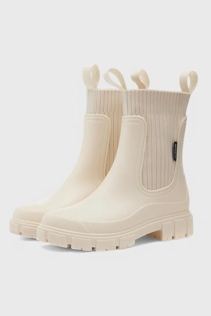 Women's waterproof rubber chelsea boots with ribbed knit cuffs and lug sole – Beige