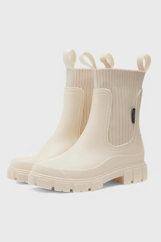 Women's waterproof rubber chelsea boots with ribbed knit cuffs and lug sole – Beige