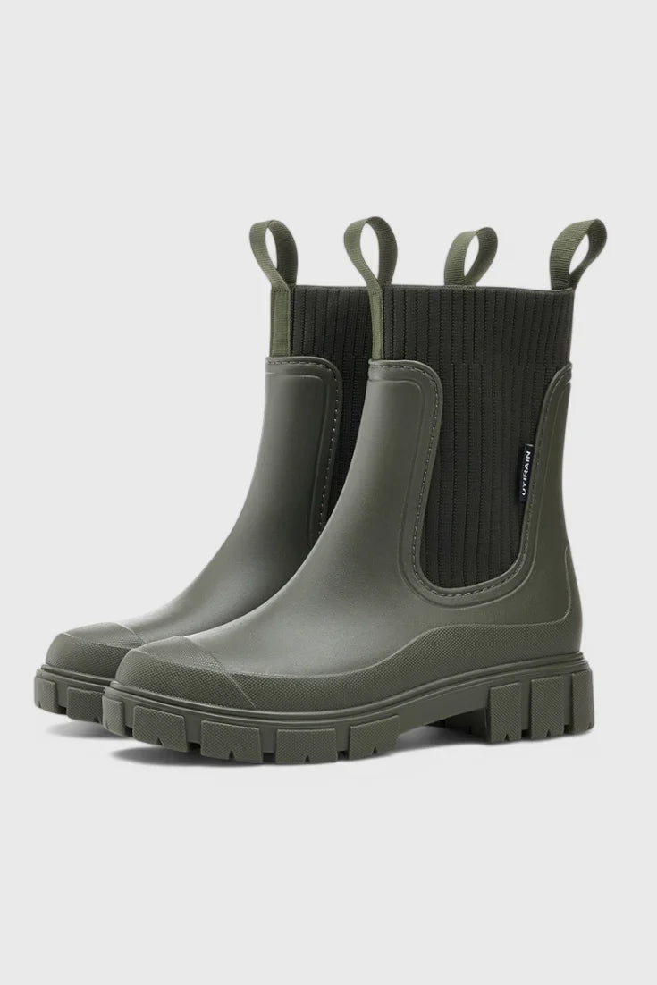 Women's waterproof rubber chelsea boots with ribbed knit cuffs and lug sole – Green