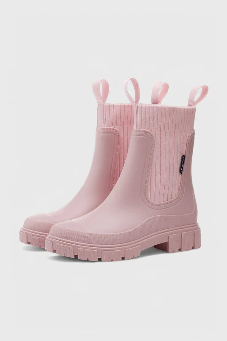 Women's waterproof rubber chelsea boots with ribbed knit cuffs and lug sole – Rose