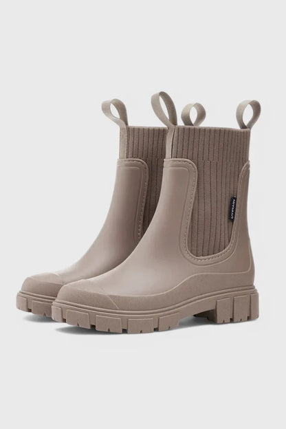 Women's waterproof rubber chelsea boots with ribbed knit cuffs and lug sole – Taupe