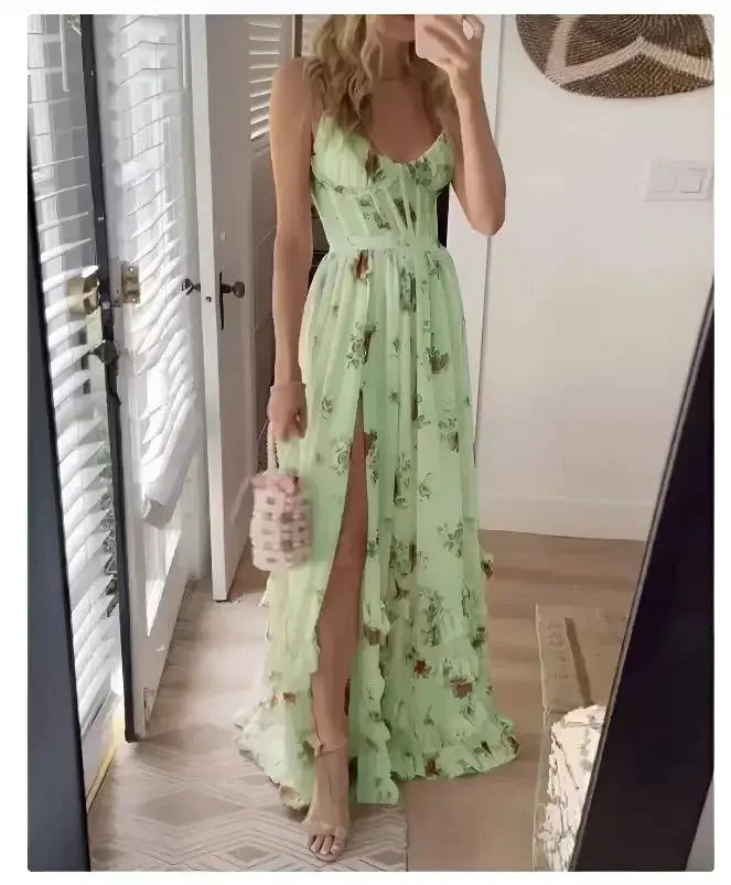 Women's wedding guest floral maxi dress with high-slit – Green