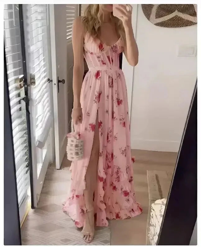 Women's wedding guest floral maxi dress with high-slit – Pink