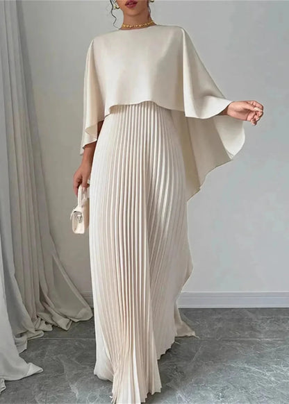 Women’s wedding guest pleated cape maxi dress – Beige