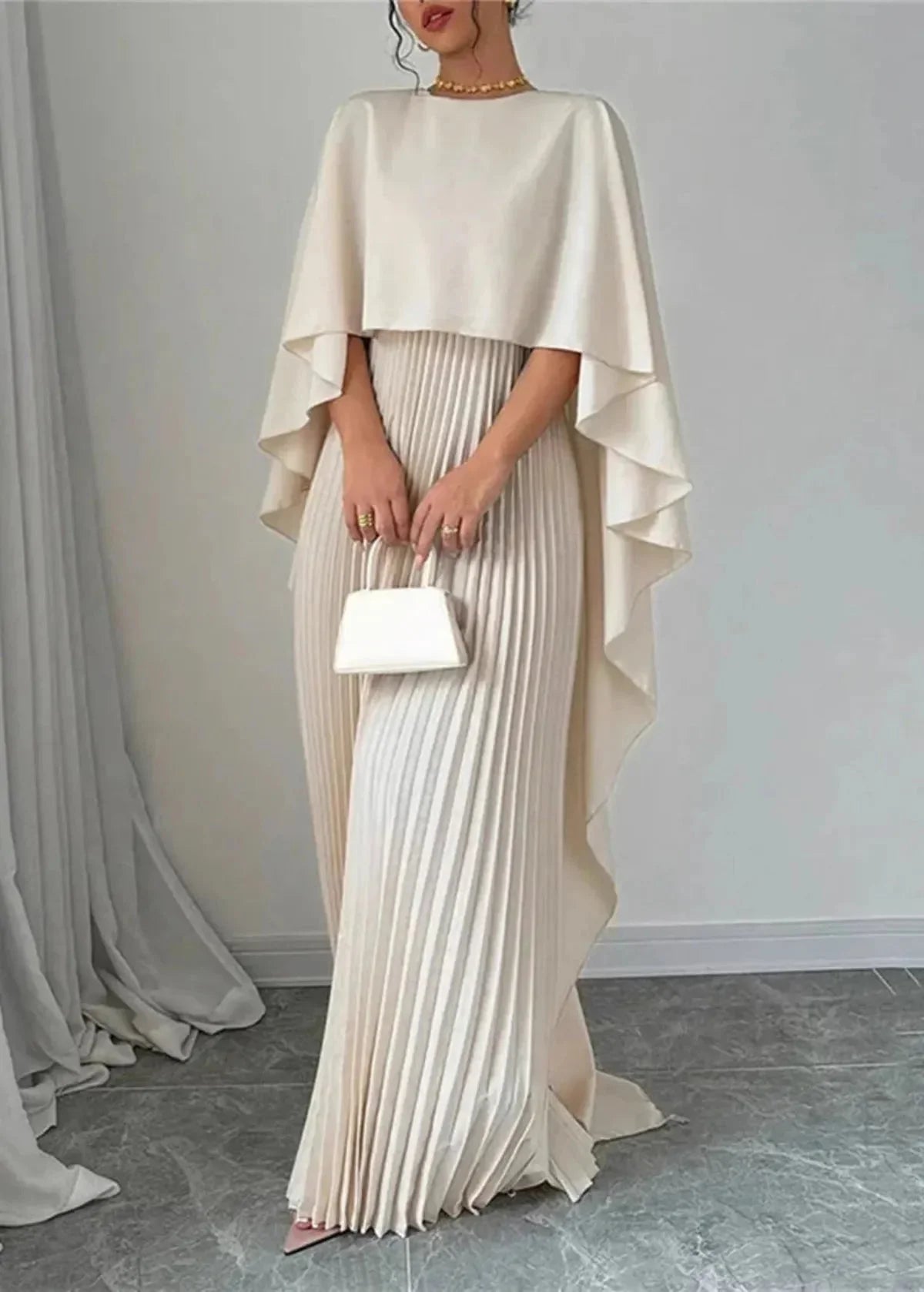 Women’s wedding guest pleated cape maxi dress