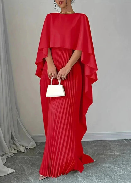 Women’s wedding guest pleated cape maxi dress – Red