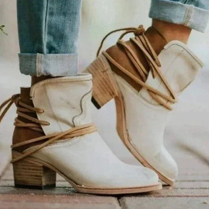 Women's western ankle boots with block heel and wrap-around lace-up design – Beige