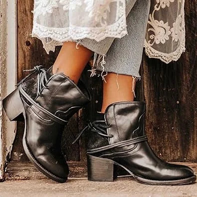 Women's western ankle boots with block heel and wrap-around lace-up design – Black