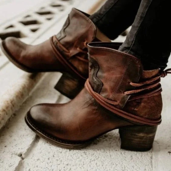 Women's western ankle boots with block heel and wrap-around lace-up design – Brown