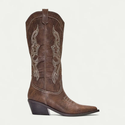 Women's western calf-high boots with pointed toe and decorative stitching