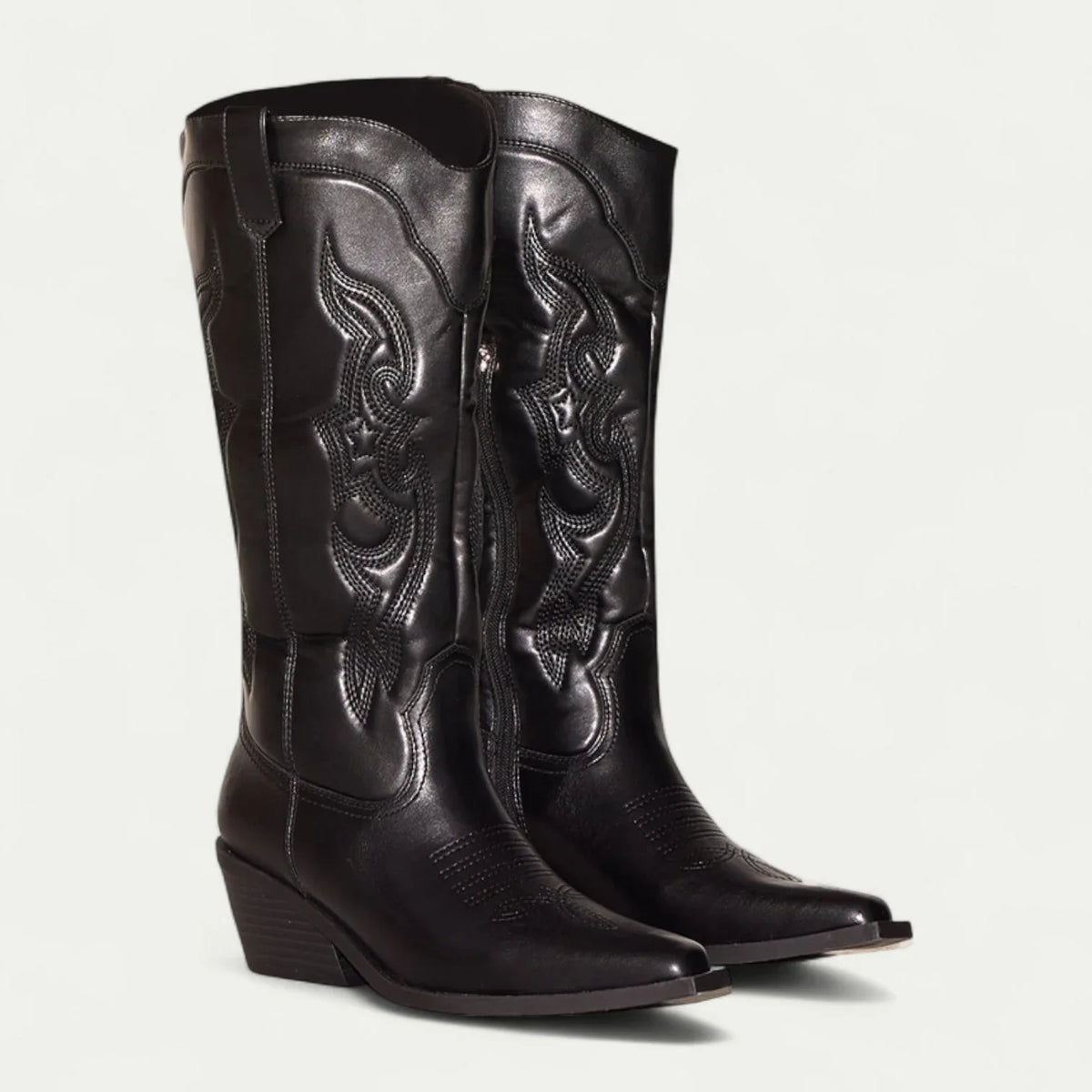 Women's western calf-high boots with pointed toe and decorative stitching – Black