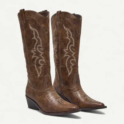 Women's western calf-high boots with pointed toe and decorative stitching – Brown