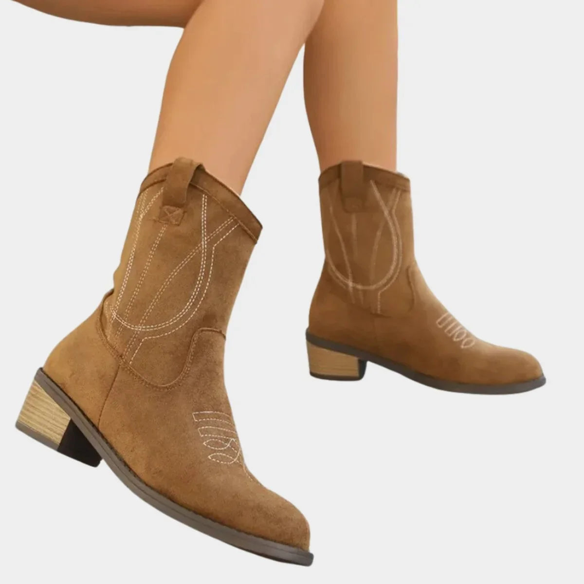 Women's western embroidered suede mid-calf ankle boots – Khaki