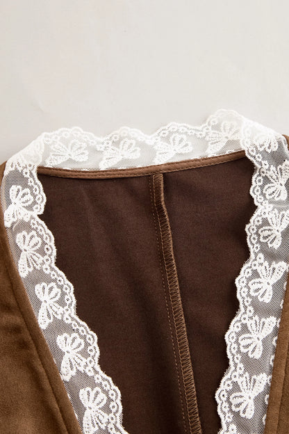 Women's western lace long sleeve blouse with high-neck collar and ruffled cuffs – Brown