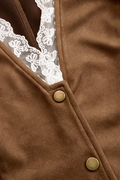 Women's western lace long sleeve blouse with high-neck collar and ruffled cuffs – Brown