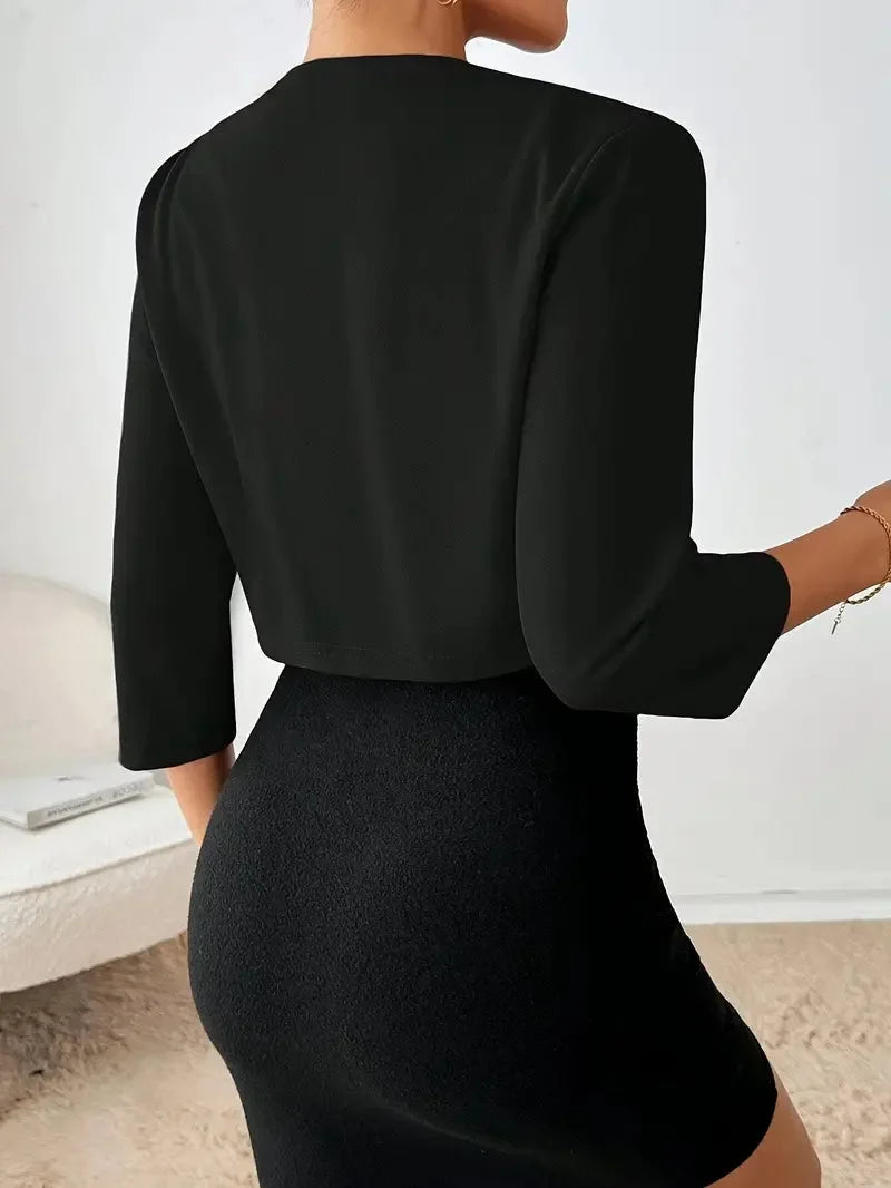 Women's cropped open front 3/4 sleeve pleated blazer denim jacket