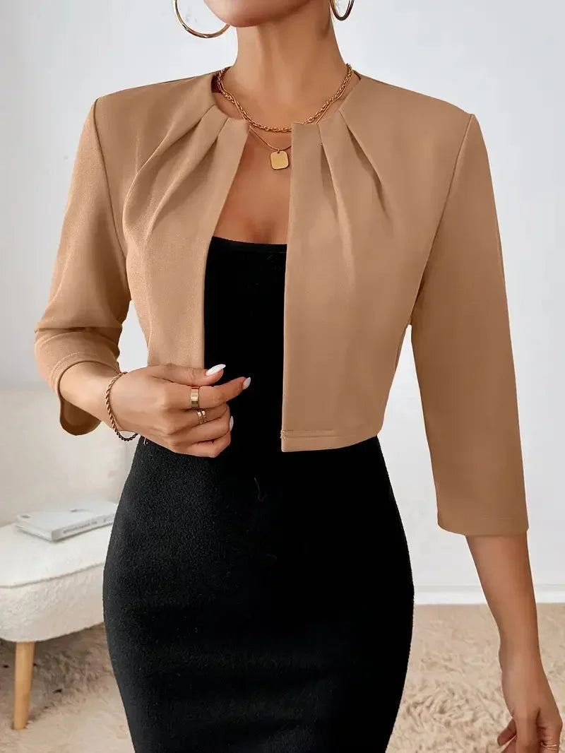 Women's cropped open front 3/4 sleeve pleated blazer denim jacket