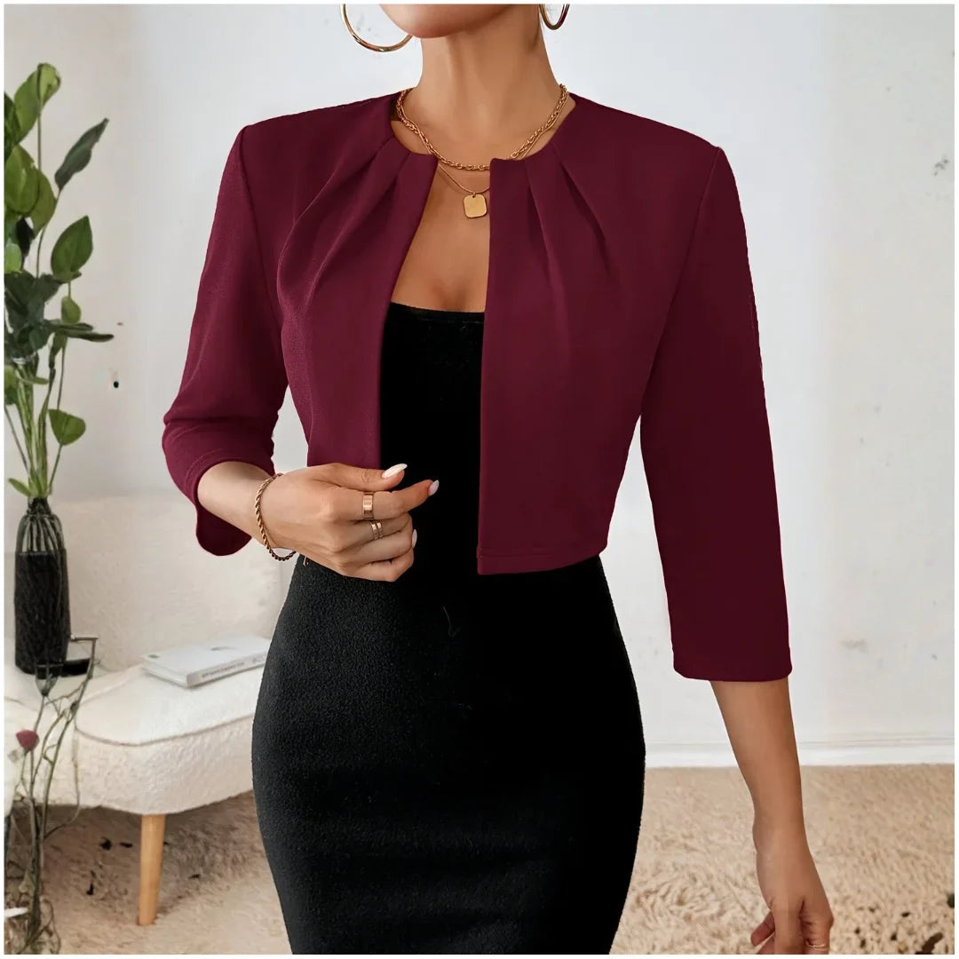 Women's cropped open front 3/4 sleeve pleated blazer denim jacket – Burgundy