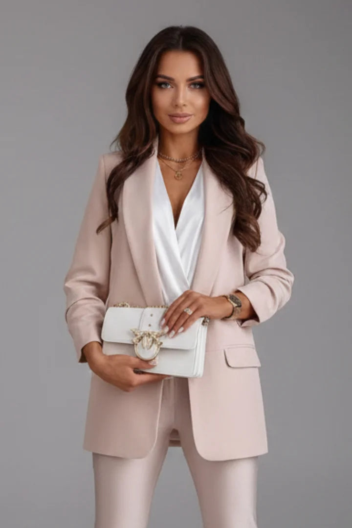 Women's fitted 3/4-sleeve open-front blazer with shawl lapel – Khaki