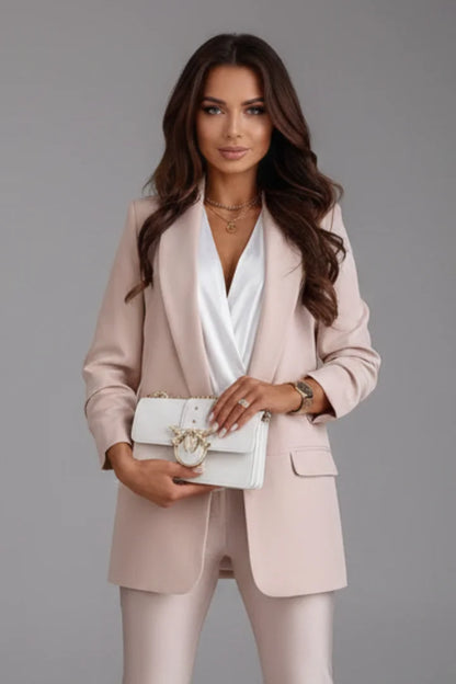 Women's fitted 3/4-sleeve open-front blazer with shawl lapel – Khaki