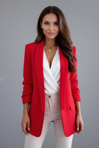 Women's fitted 3/4-sleeve open-front blazer with shawl lapel – Red