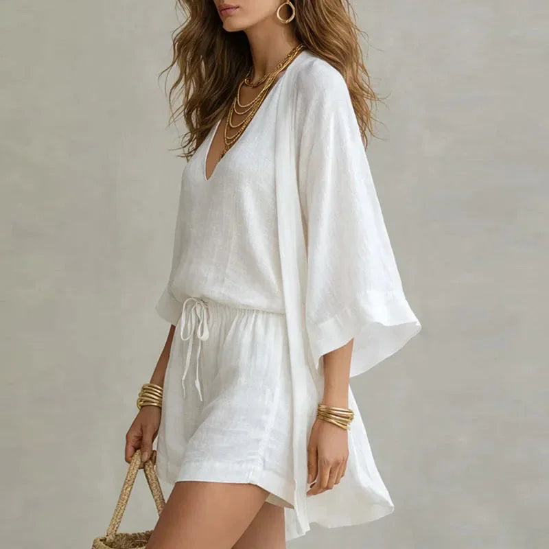 Women's linen three-piece shorts set with V-neck top and kimono cardigan