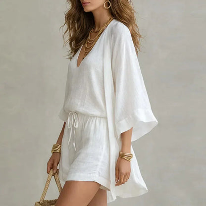 Women's linen three-piece shorts set with V-neck top and kimono cardigan